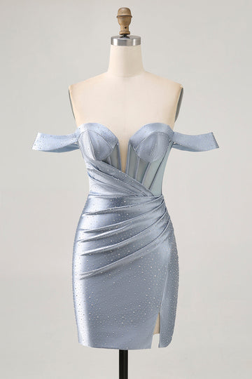 Sparkly Corset Dusty Blue Bodycon Off The Shoulder Short Cocktail Dress